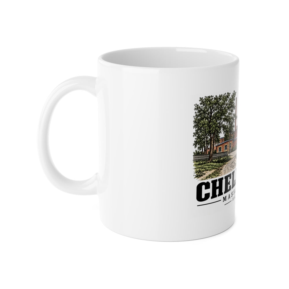 Chelmsford Silesia Mills with neighboring industrial offices 11 oz White Ceramic Mug - Merrimack Valley Goods