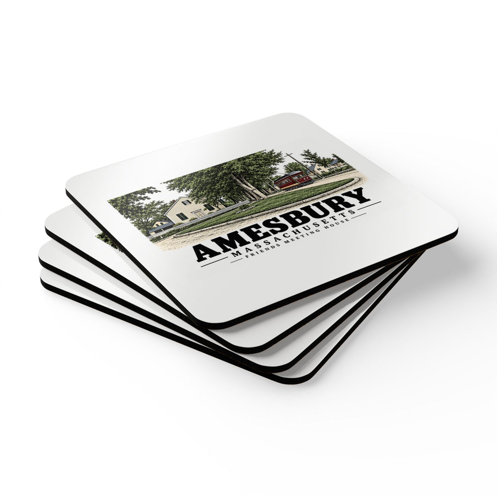 Amesbury Friends Meeting House, Friend Street, with streetcar Cork Back Coaster Set - Merrimack Valley Goods