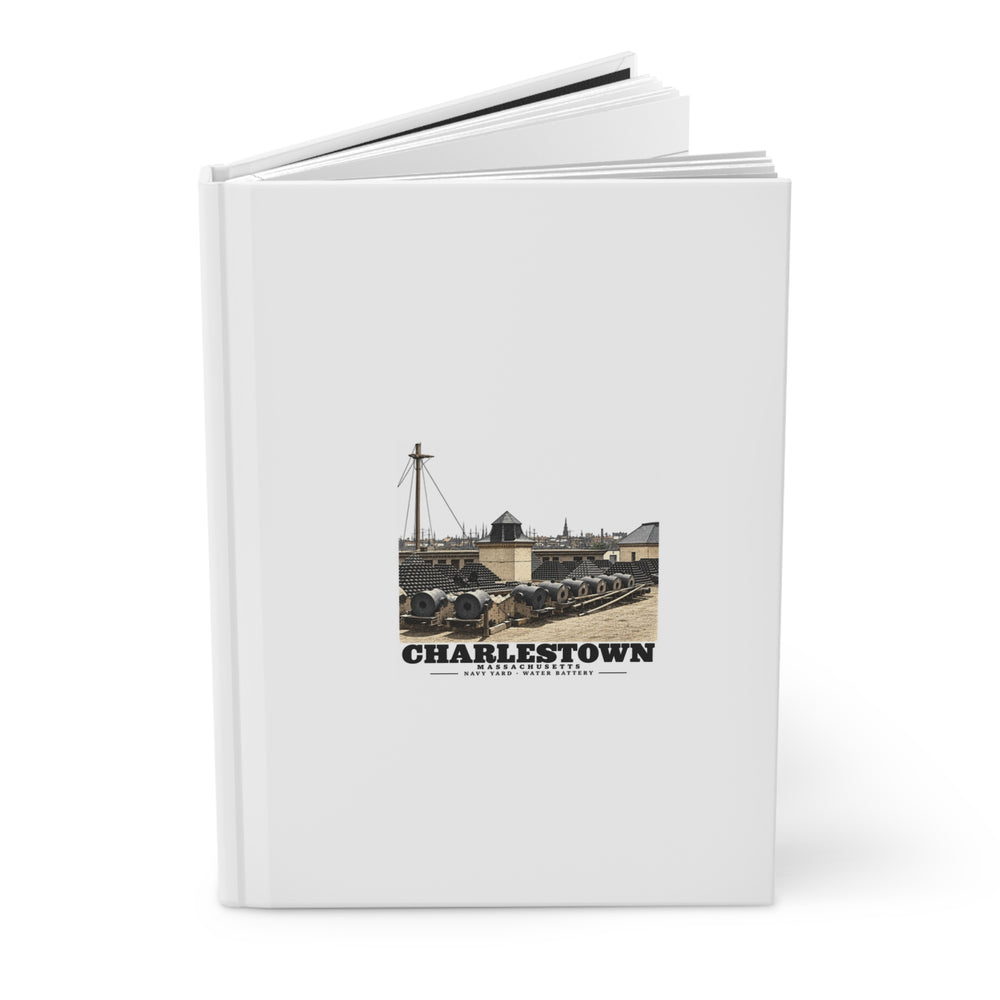 Partly open Water Battery hardcover journal showing printed front cover