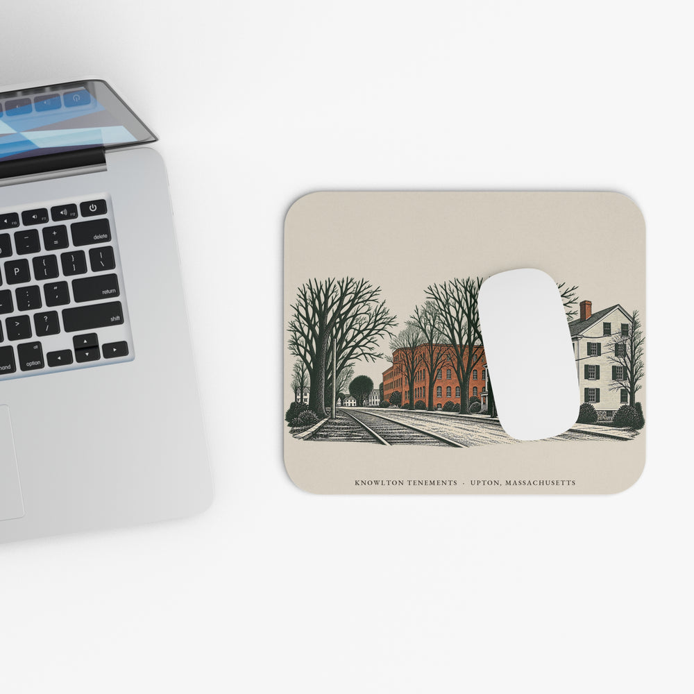Upton Knowlton Tenements and Upton Loop Street Railway mouse pad mockup showing the full illustrated print