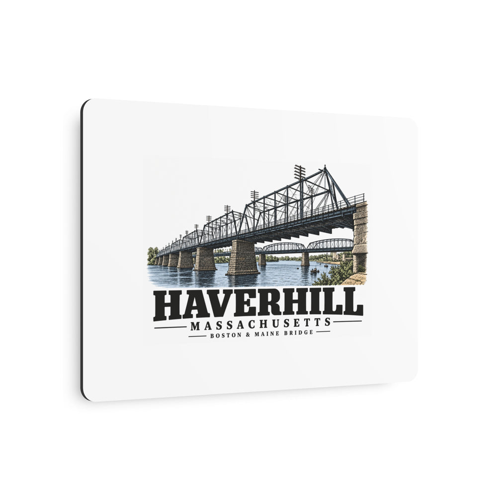 Angled front of Boston & Maine Railroad Bridge metal wall art, with Haverhill, Massachusetts artwork and lettering.