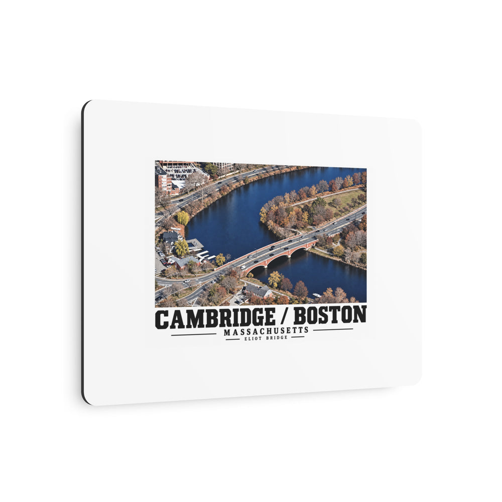 Angled view of Eliot Bridge aerial river view metal print with its dark edge visible