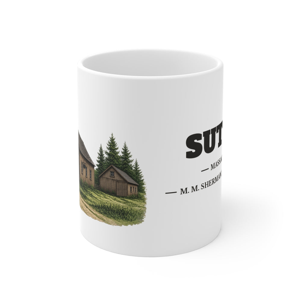 Sutton M. M. Sherman Blacksmith and Wheelwright Shop 11 oz ceramic mug — artwork view, handle left — Familiar History