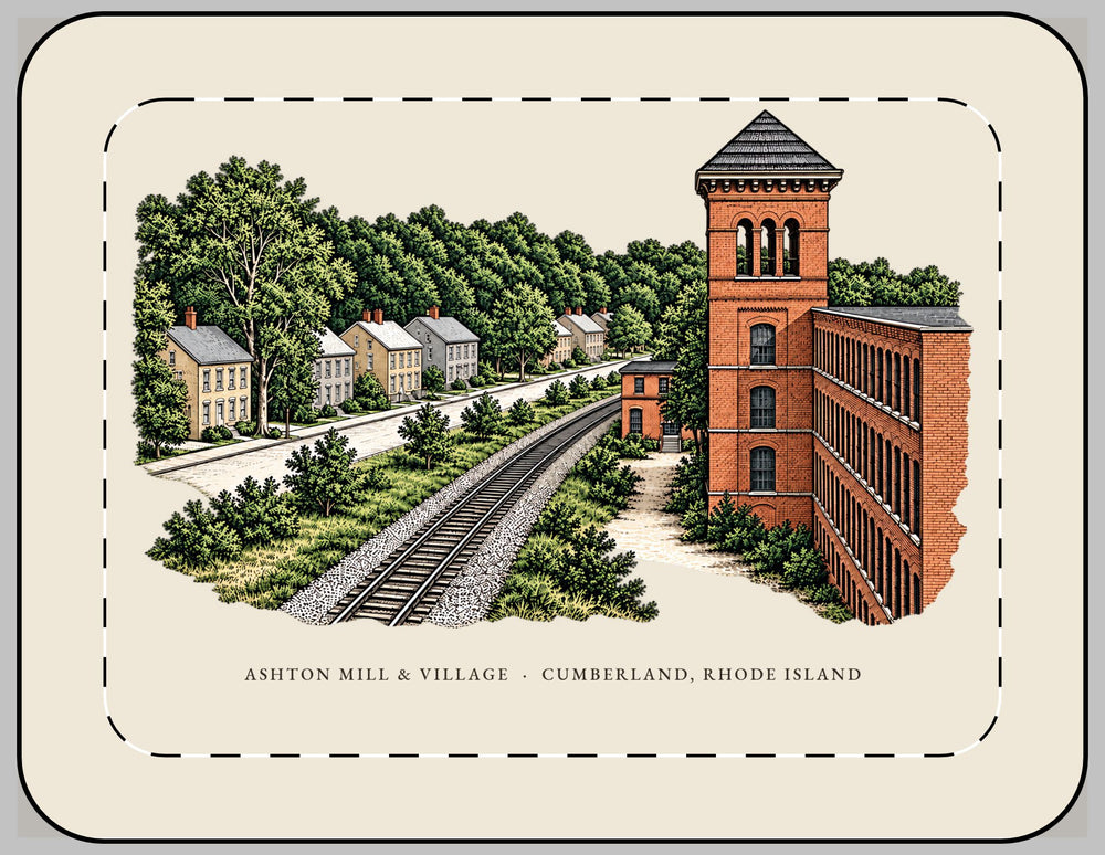 Cumberland Ashton Mill & Village 13-inch laptop sleeve mockup showing the full illustrated print