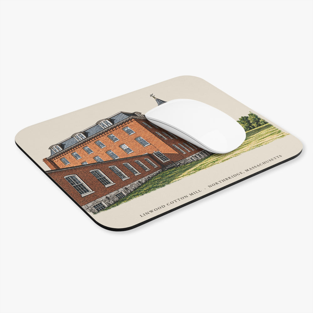 Northbridge Linwood Cotton Mill mouse pad mockup showing the full illustrated print
