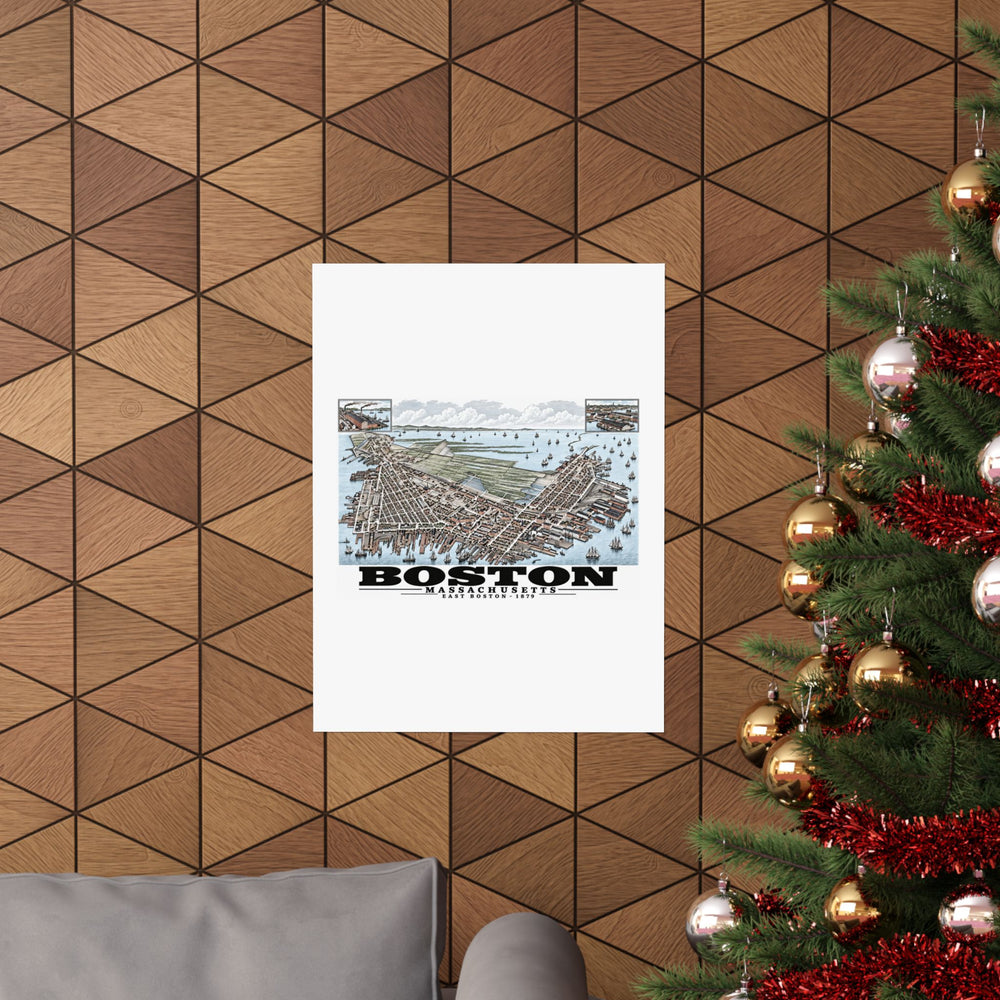East Boston bird-eye city and harbor panorama with inset views poster on a wood wall beside a decorated evergreen