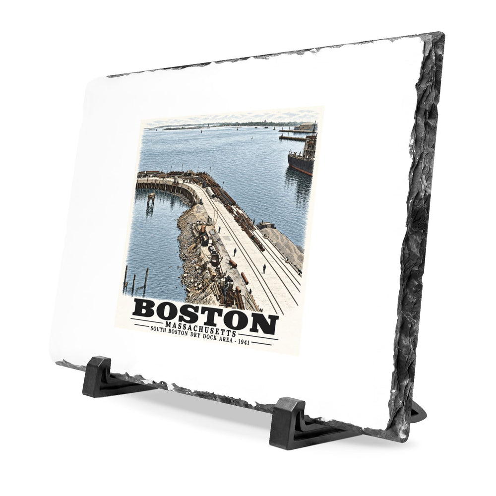 South Boston Dry Dock Area April 16-41 from roof of elevator shaft S 7 × 11 in Slate Desk Plaque - Boston Harbor