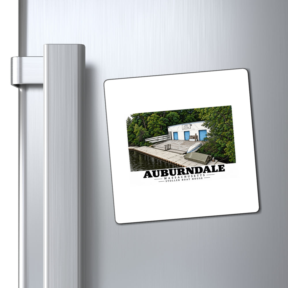 Auburndale Stoller Boathouse square magnet displayed on a metal refrigerator.