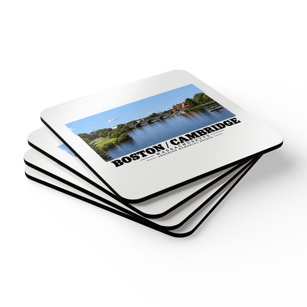 Stack of square coasters with Anderson Memorial Bridge distant river view artwork visible on the top coaster