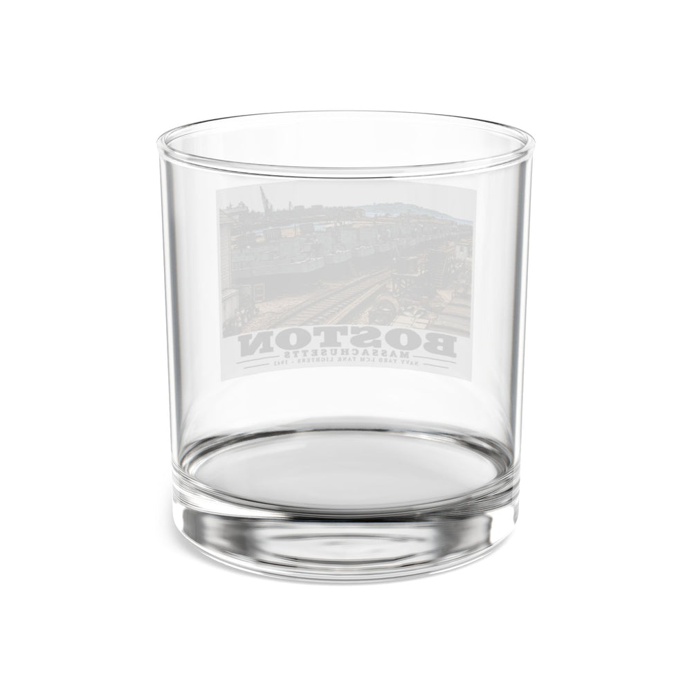 Illustrated Tank Lighters at Boston Navy Yard in Charlestown on rocks glass
