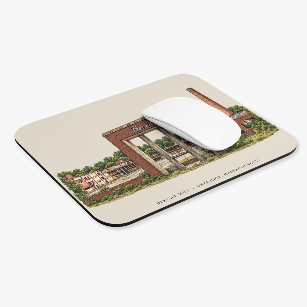 Uxbridge Bernat Mill mouse pad mockup showing the full illustrated print