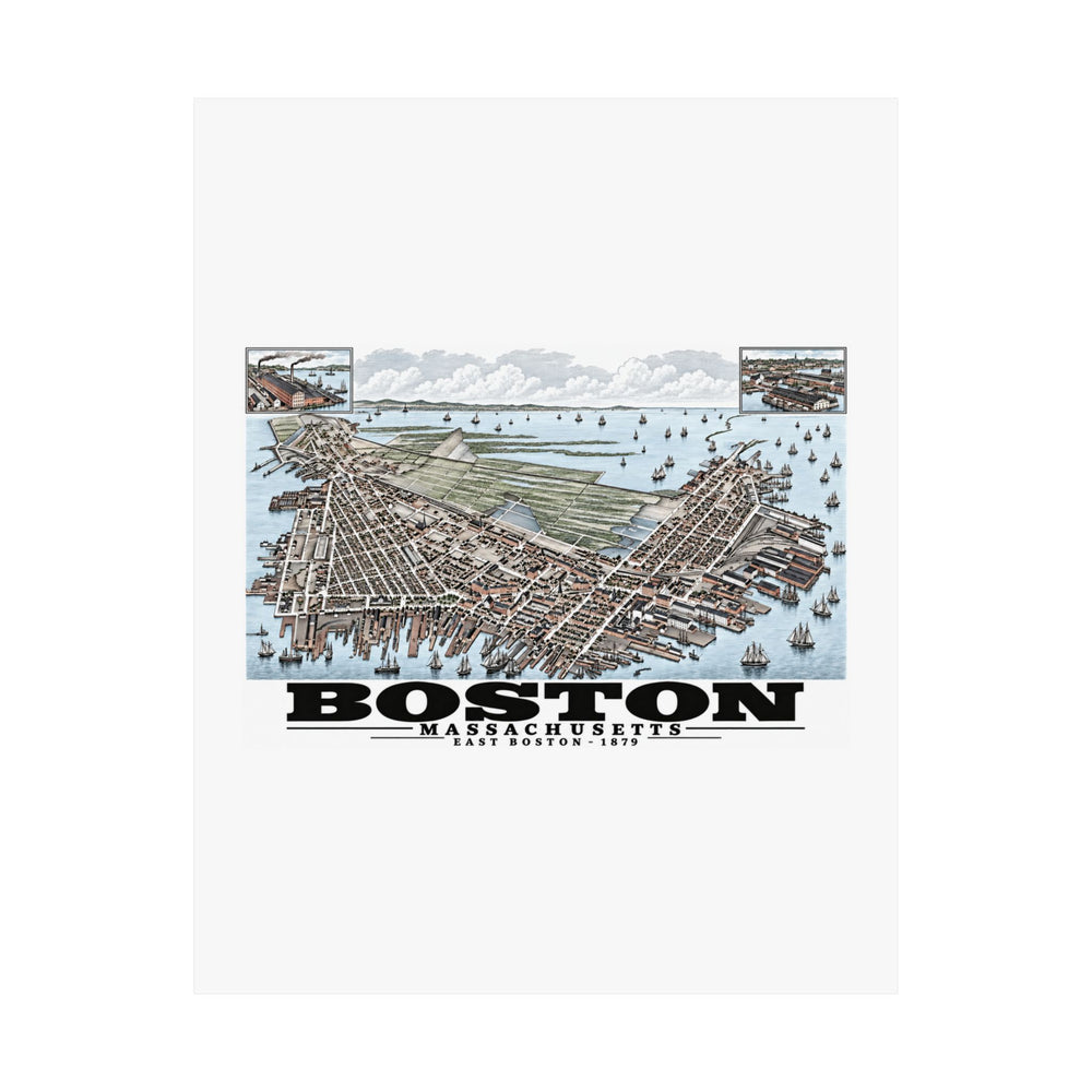 Flat East Boston bird-eye city and harbor panorama with inset views poster with Boston lettering