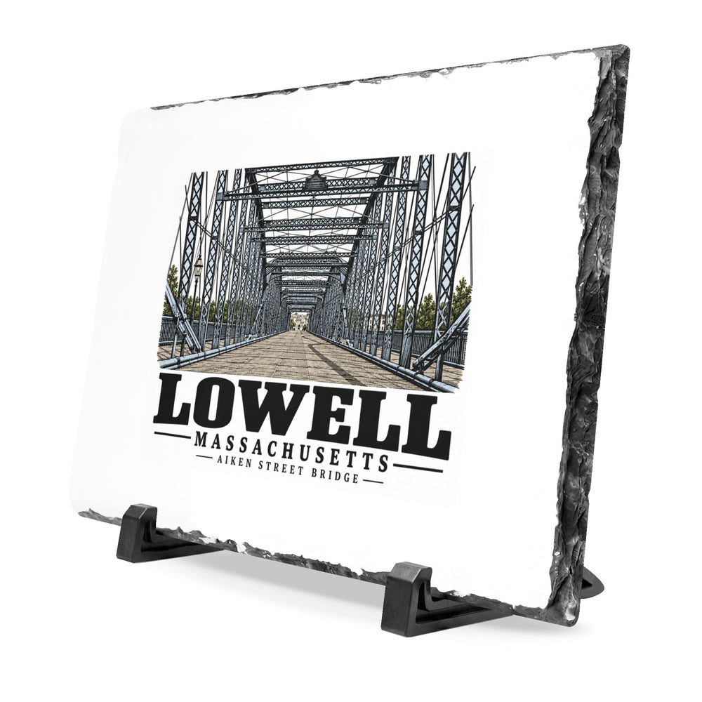 Angled front on display stands of Aiken Street Bridge slate desk plaque, with Lowell, Massachusetts artwork and lettering.