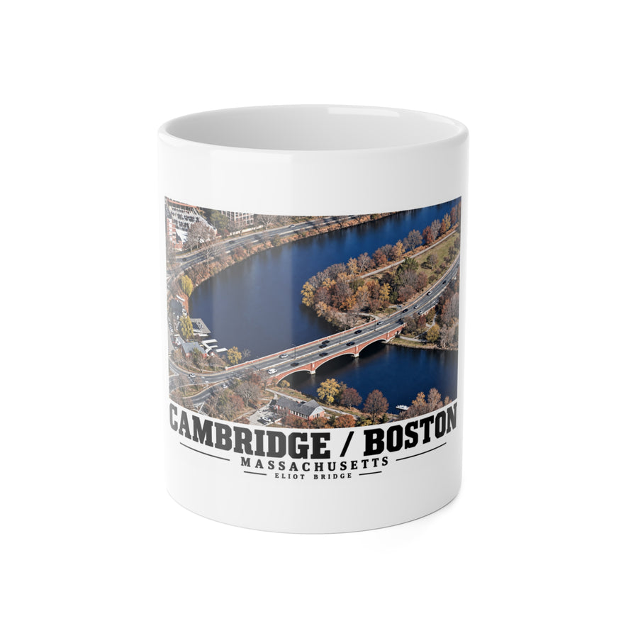 White mug showing Eliot Bridge aerial river view artwork and Cambridge/Boston lettering