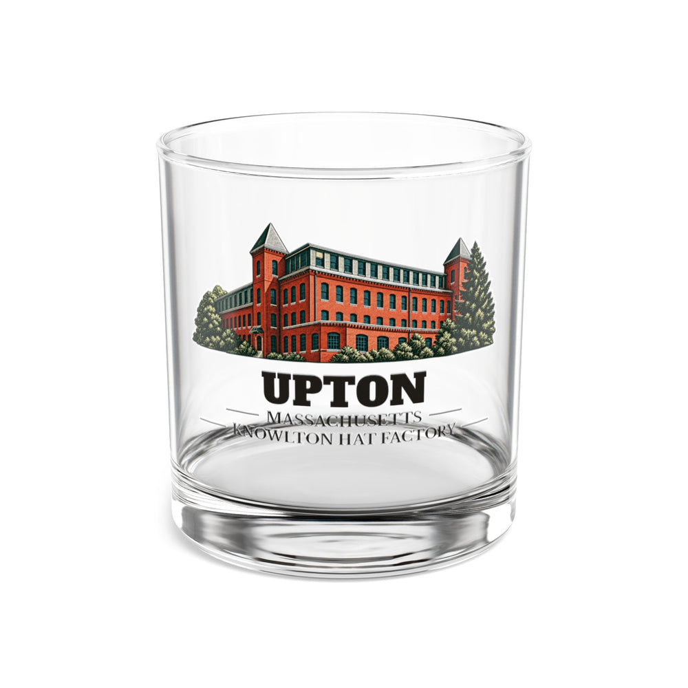 Front view of the Upton Knowlton Hat Factory artwork printed on a clear 10 oz rocks glass
