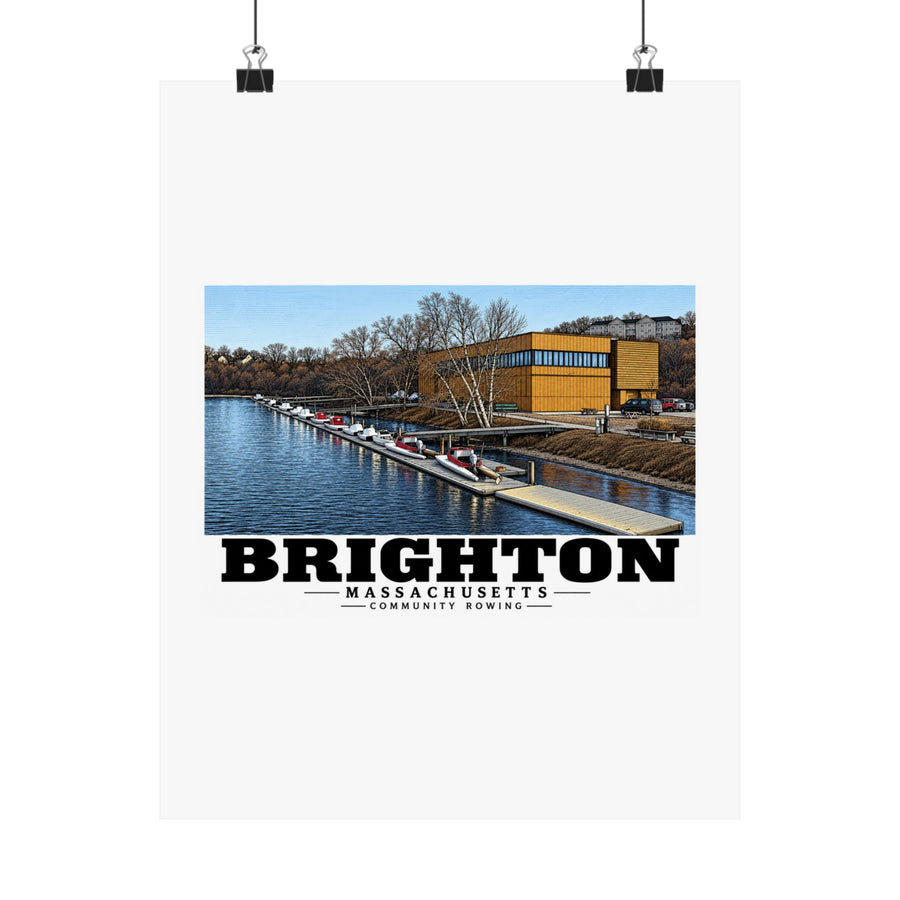 Community Rowing building, dock and boats poster with Brighton lettering hanging from two binder clips