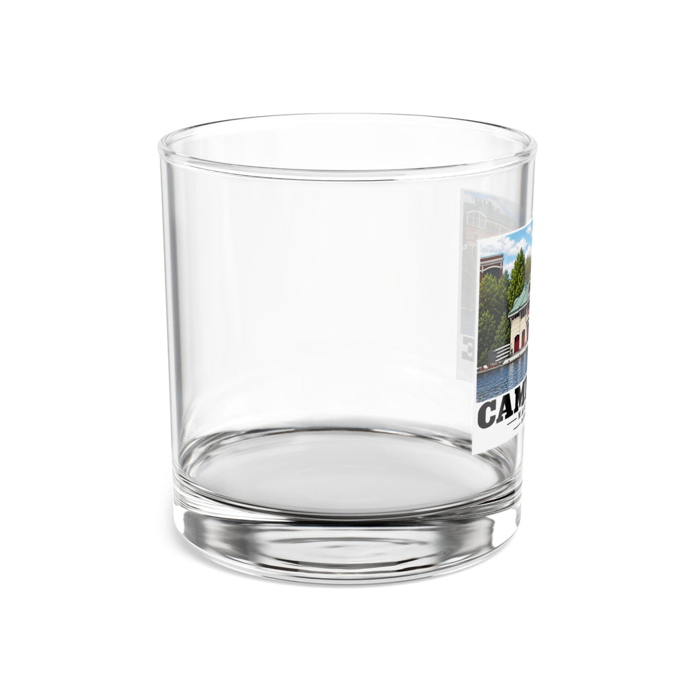 Right-side view of the clear rocks glass with DeWolfe Boathouse artwork partly visible.
