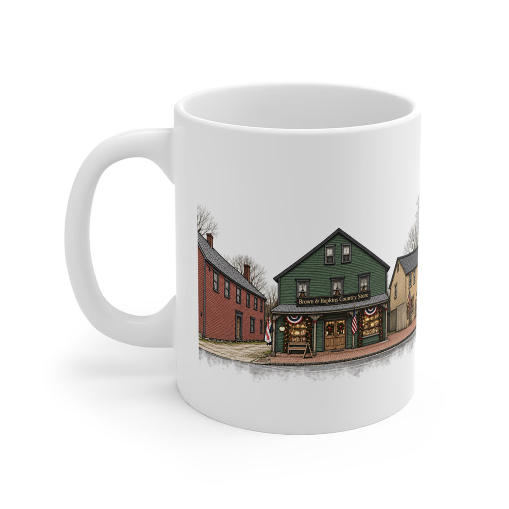 Glocester Brown & Hopkins Country Store, Chepachet 11 oz ceramic mug — lettering view, handle right — Familiar History