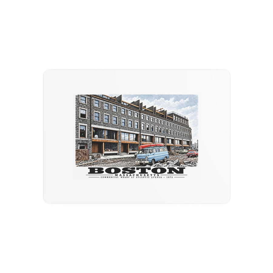 Metal wall print showing Commercial Wharf Street buildings, blue van and renovation debris artwork and Boston lettering