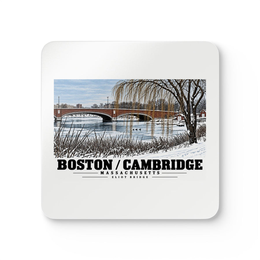 White square coaster showing Eliot Bridge winter river view with snow and bare trees artwork and Boston/Cambridge lettering