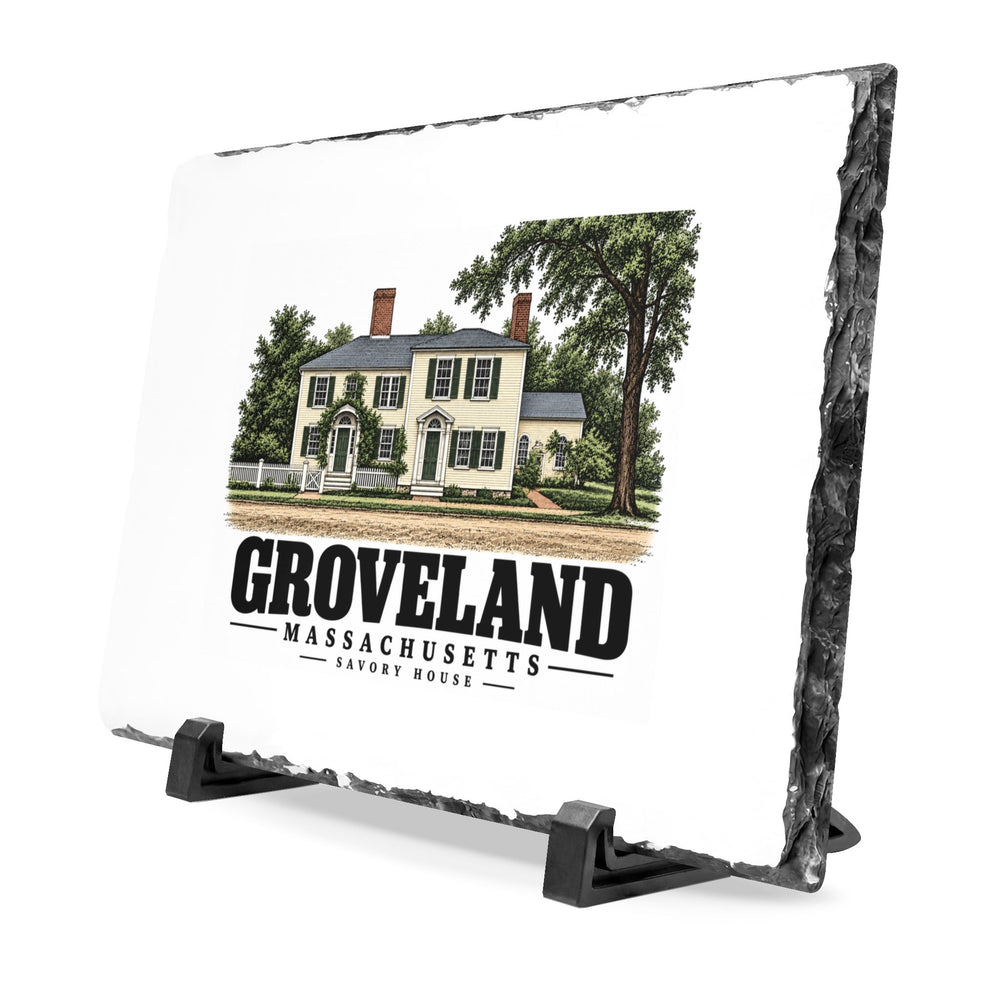 Angled front on display stands of Savory House slate desk plaque, with Groveland, Massachusetts artwork and lettering.