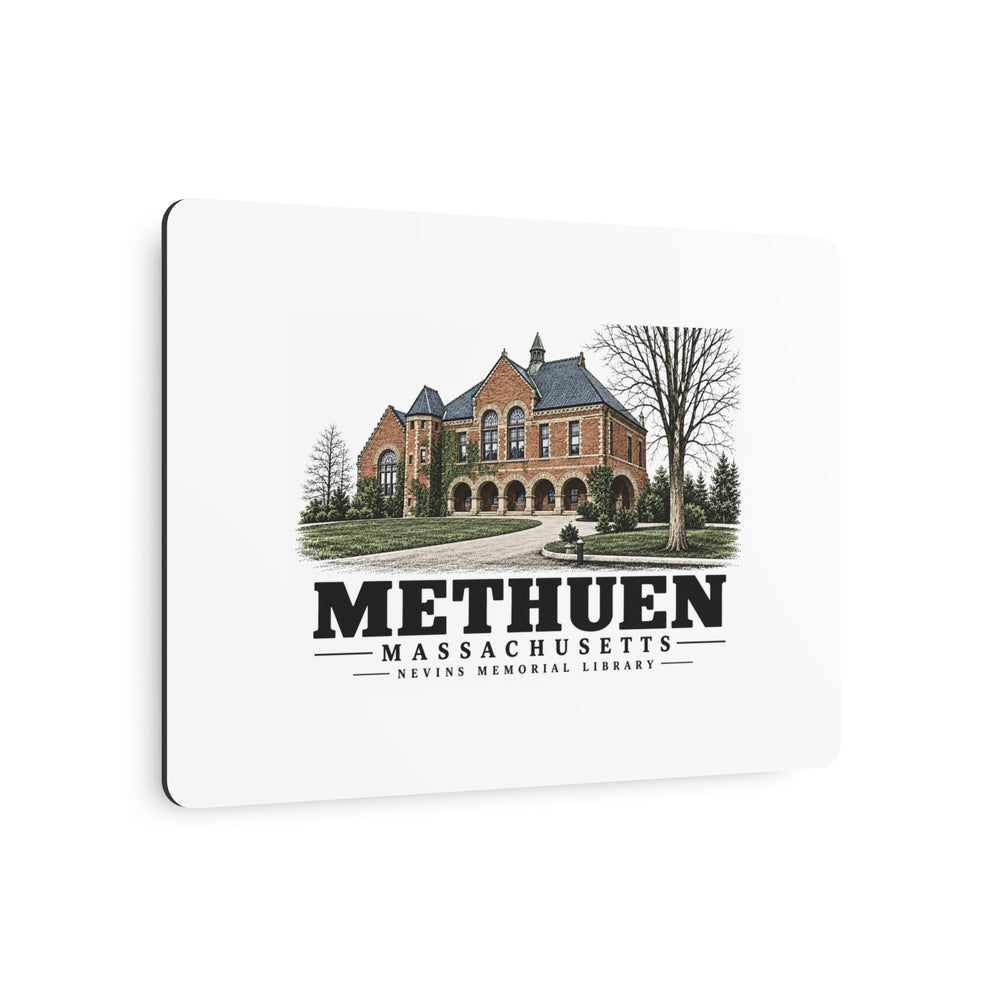 Angled front of Nevins Memorial Library metal wall art, with Methuen, Massachusetts artwork and lettering.