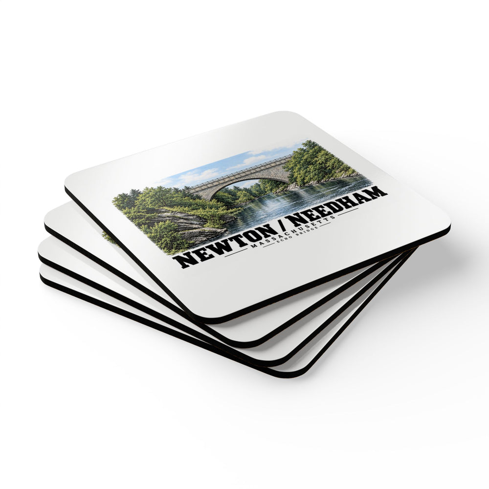 Angled stack of square coasters with Echo Bridge artwork showing a stone arch over a river and trees, with Newton/Needham lettering on the top coaster.