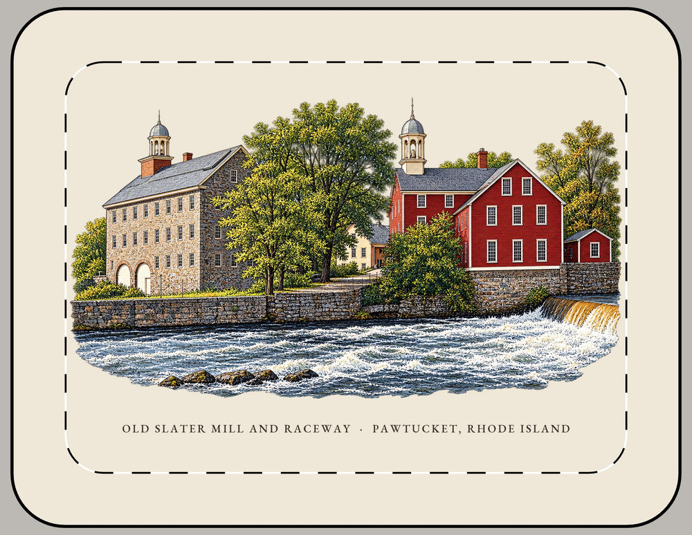 Pawtucket Old Slater Mill and Raceway 15-inch laptop sleeve mockup showing the full illustrated print
