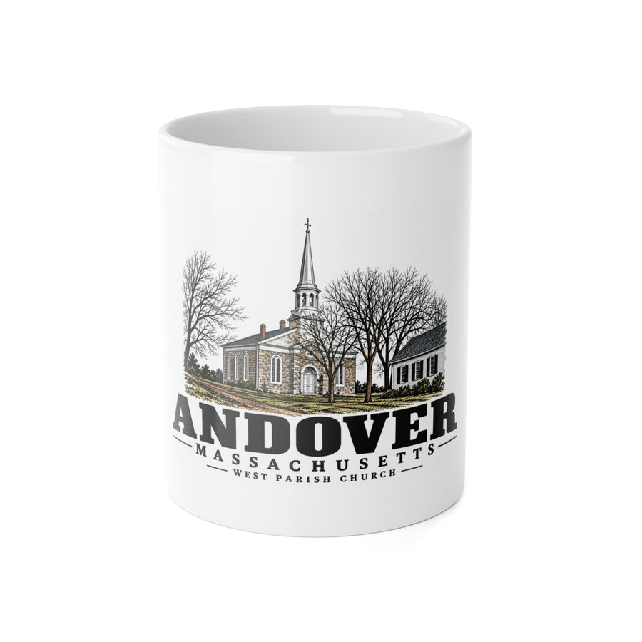 Andover West Parish Church exterior, frontispiece 11 oz White Ceramic Mug - Merrimack Valley Goods