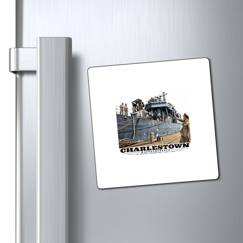 Illustrated USS Braine at Boston Navy Yard in Charlestown on square magnet
