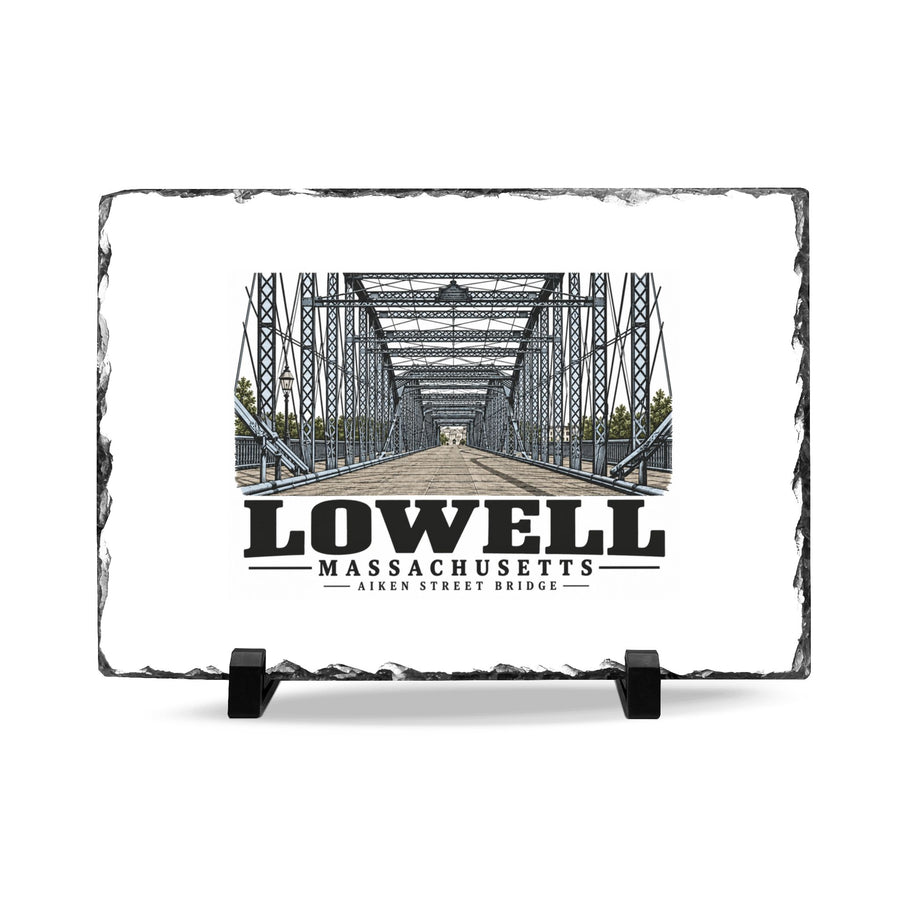 Front on display stands of Aiken Street Bridge slate desk plaque, with Lowell, Massachusetts artwork and lettering.