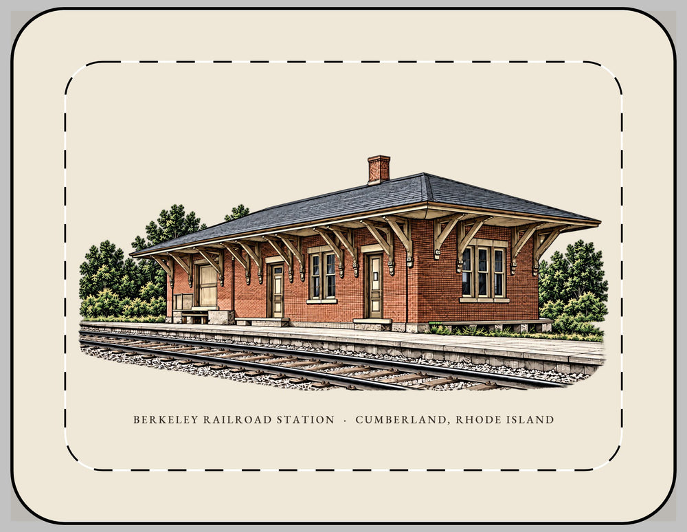 Cumberland Berkeley Railroad Station 13-inch laptop sleeve mockup showing the full illustrated print