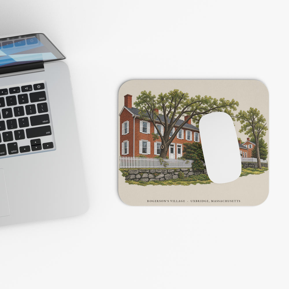 Uxbridge Rogerson's Village mouse pad mockup showing the full illustrated print