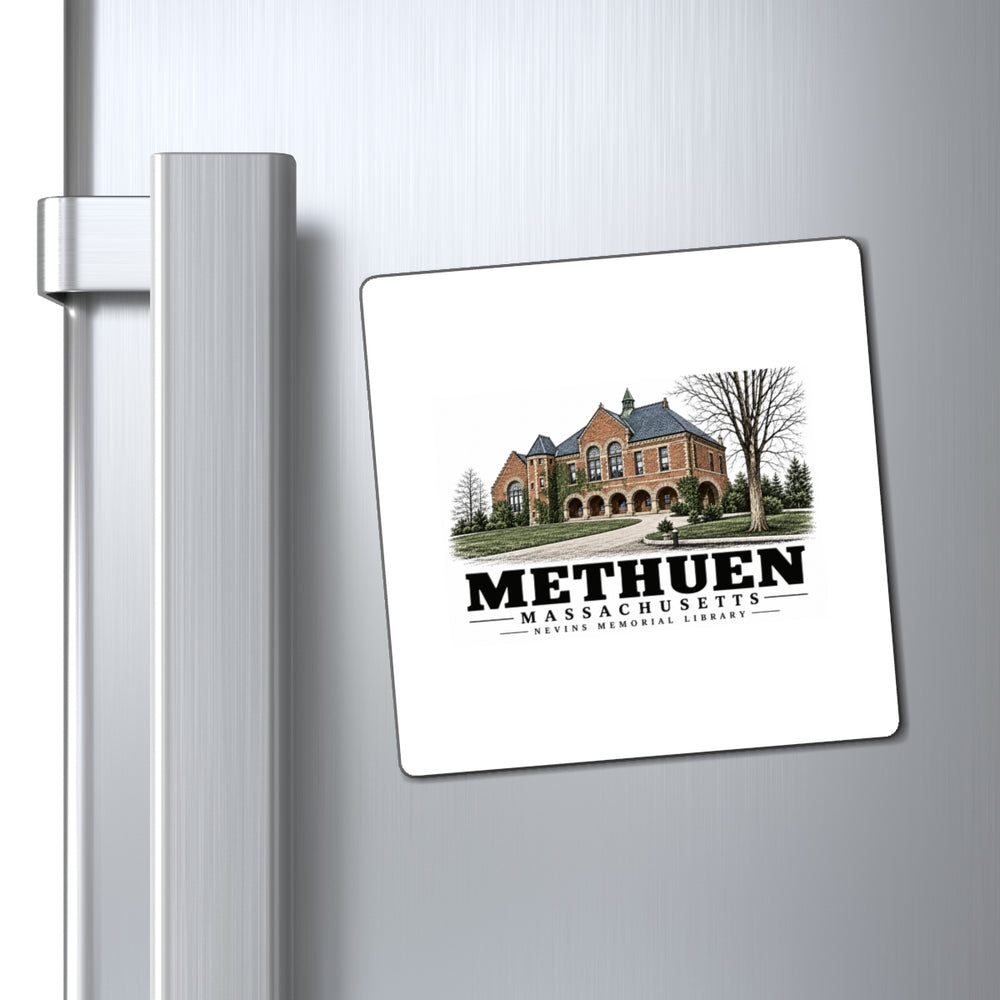 Refrigerator display of Nevins Memorial Library square magnet, with Methuen, Massachusetts artwork and lettering.