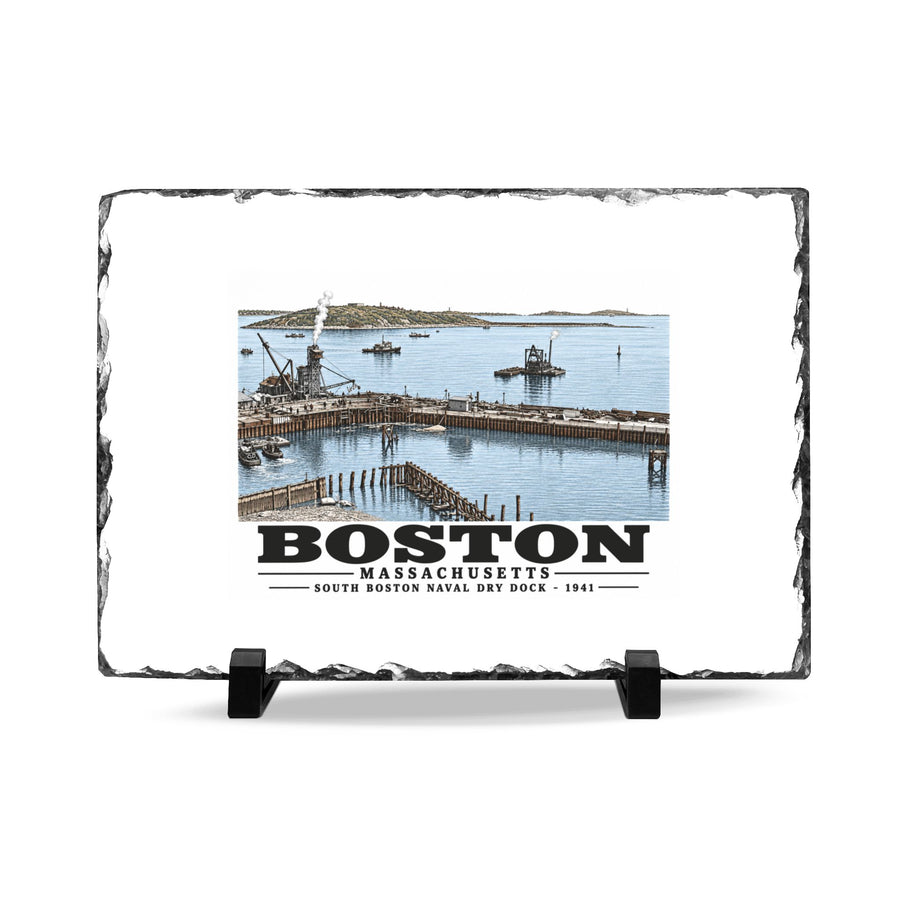 South Boston Dry Dock Area April 16-41 from roof of elevator shaft SE 7 × 11 in Slate Desk Plaque - Boston Harbor