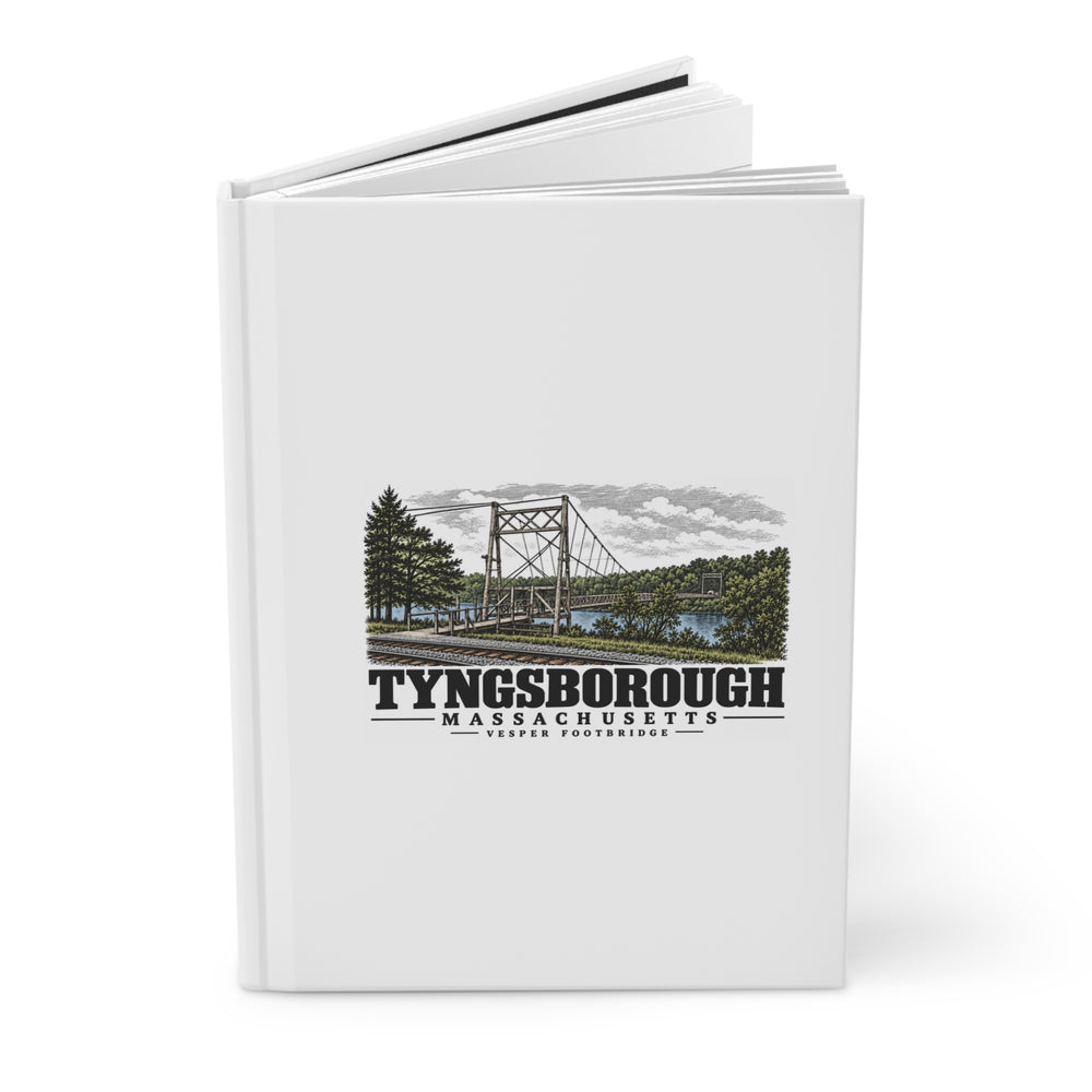Angled front cover of Vesper Footbridge matte hardcover journal, with Tyngsborough, Massachusetts artwork and lettering.