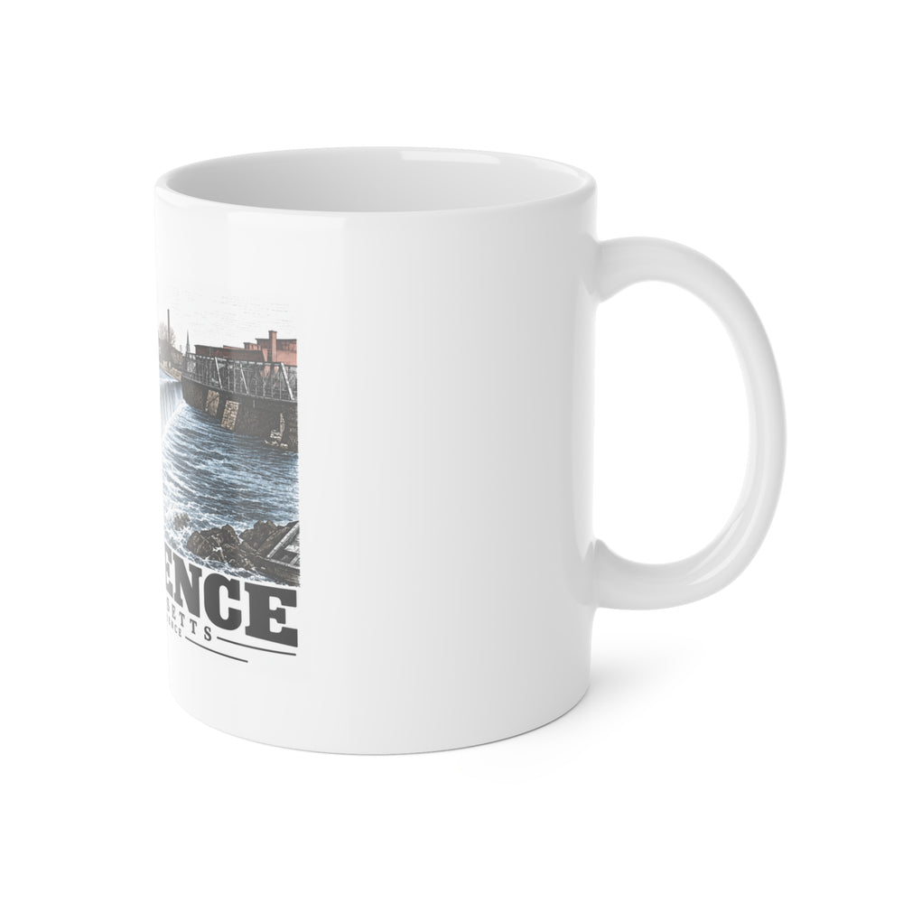 Right-handle side view of Falls at Lawrence white ceramic mug, Lawrence, Massachusetts.