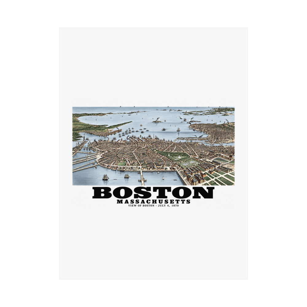 Flat historic Boston harbor panorama with boats and waterfront buildings poster with Boston lettering