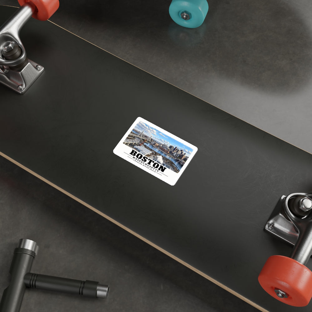 Sticker showing Boston skyline, cable-stayed bridge and Charles River basin artwork on the underside of a skateboard