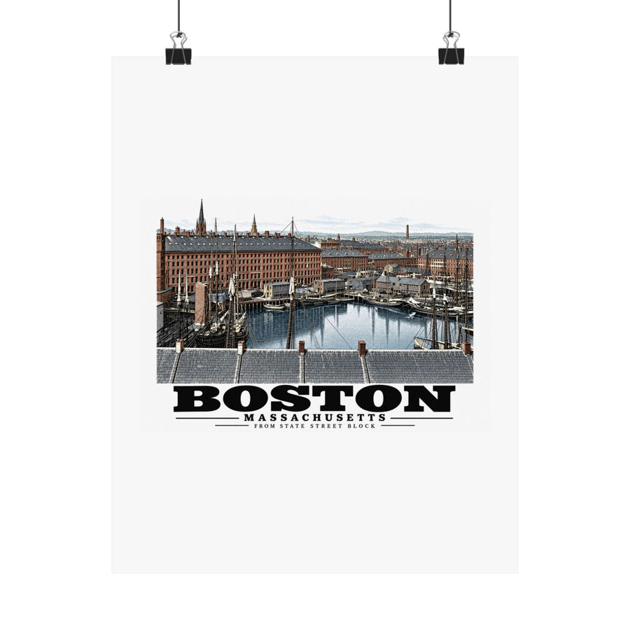 Boston waterfront buildings, wharves, boats and harbor water poster with Boston lettering hanging from two binder clips