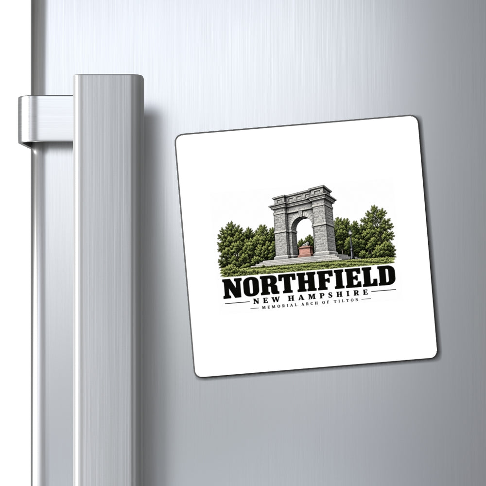 Refrigerator display of Memorial Arch of Tilton square vinyl magnet, Northfield, New Hampshire.