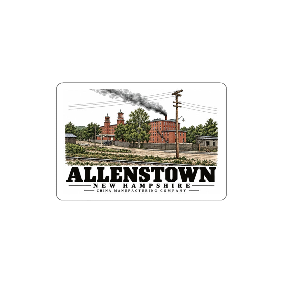 Front of China Manufacturing Company Mill white die-cut sticker, Allenstown, New Hampshire.