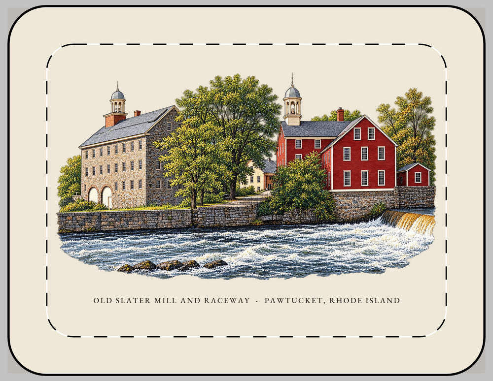 Pawtucket Old Slater Mill and Raceway 13-inch laptop sleeve mockup showing the full illustrated print