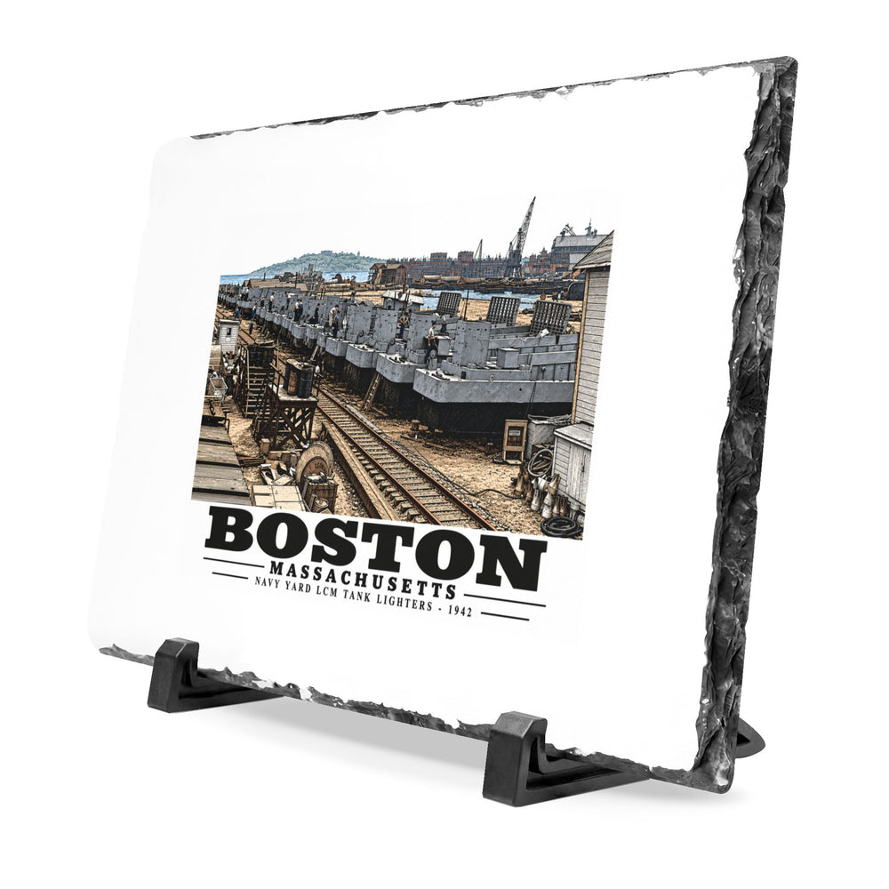 Illustrated Tank Lighters at Boston Navy Yard in Charlestown on slate desk plaque
