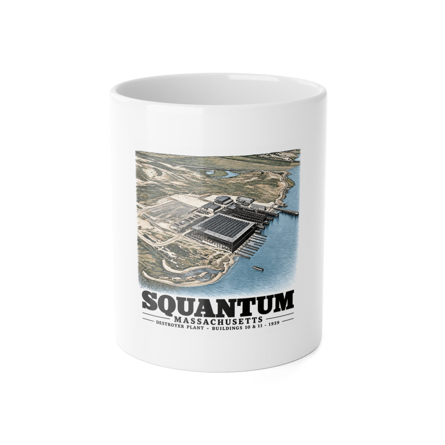 NRAB Squantum looking SWBldg # 10 & 11of former U.S. Destroyer Plant in center foreground 11 oz White Ceramic Mug - Boston Harbor