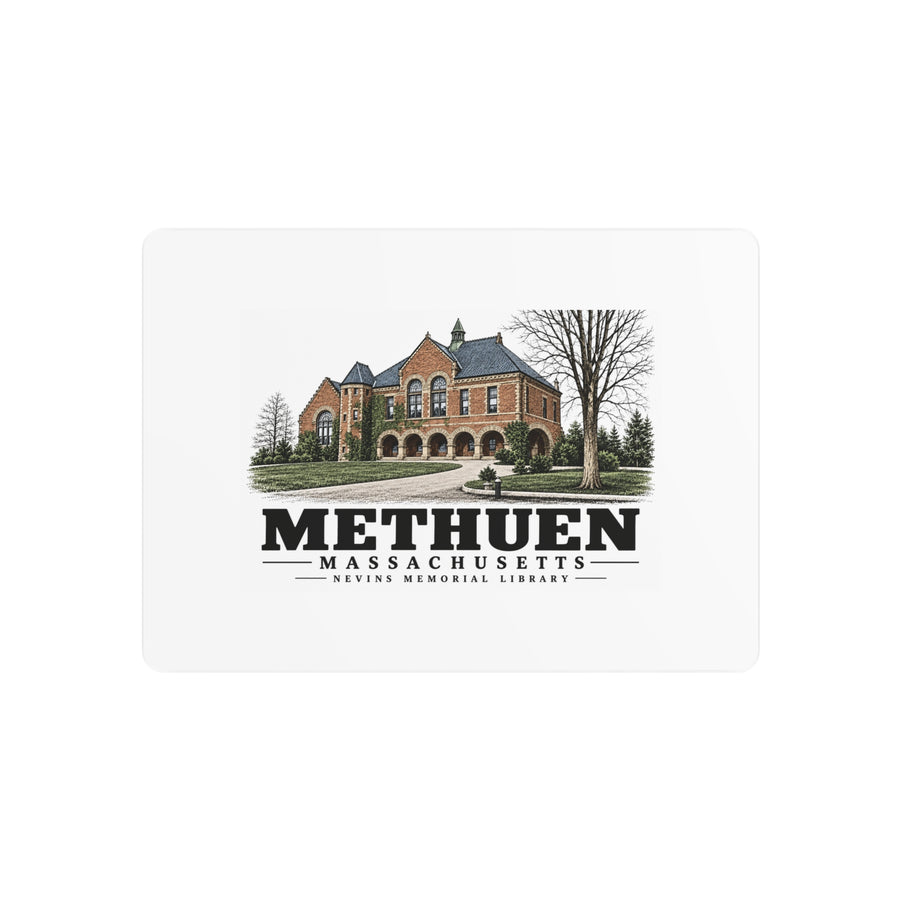 Front of Nevins Memorial Library metal wall art, with Methuen, Massachusetts artwork and lettering.