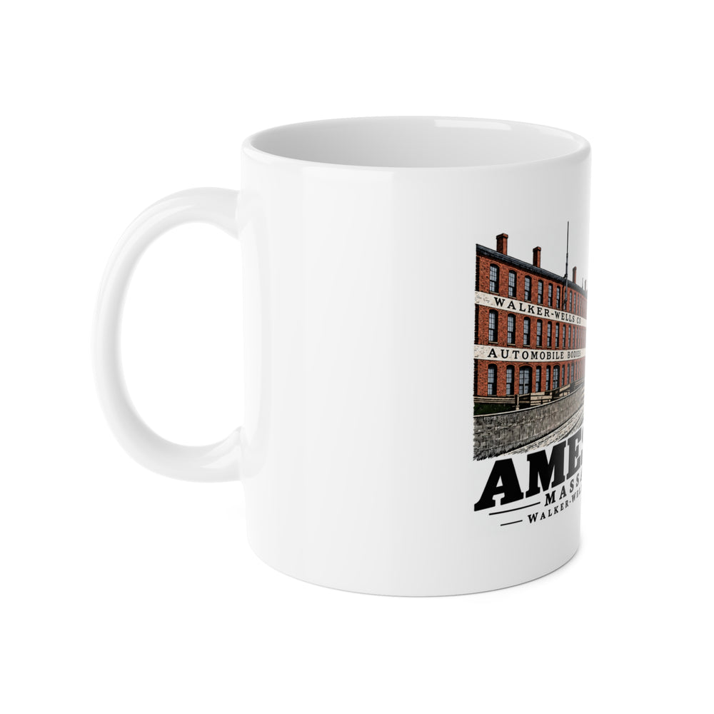 Left-handle side view of Walker-Wells Factory District white ceramic mug, Amesbury, Massachusetts.