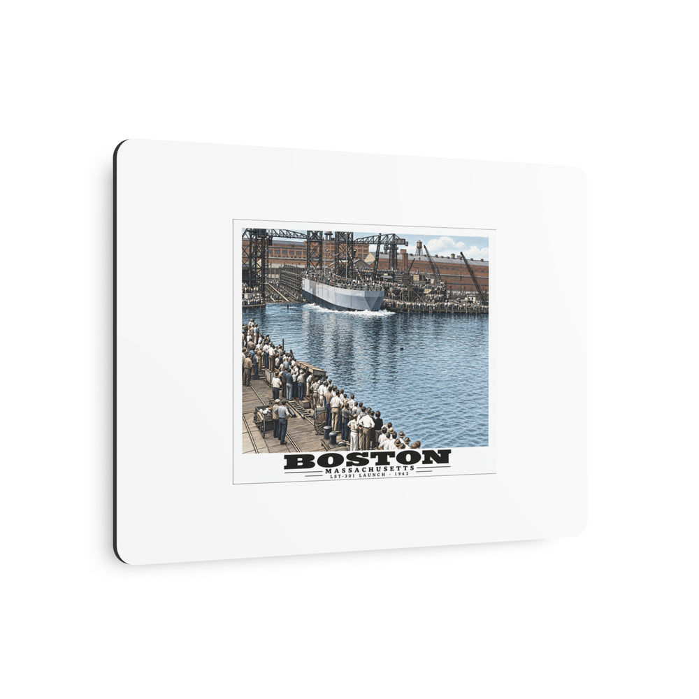 Illustrated LST-301 at Boston Navy Yard in Charlestown on metal art sign