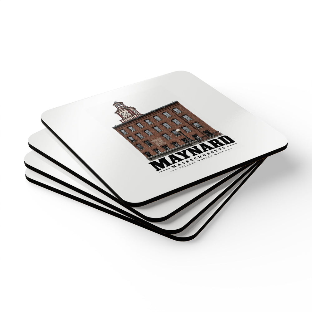 Illustrated Assabet Woolen Mill in Maynard on corkwood coaster set