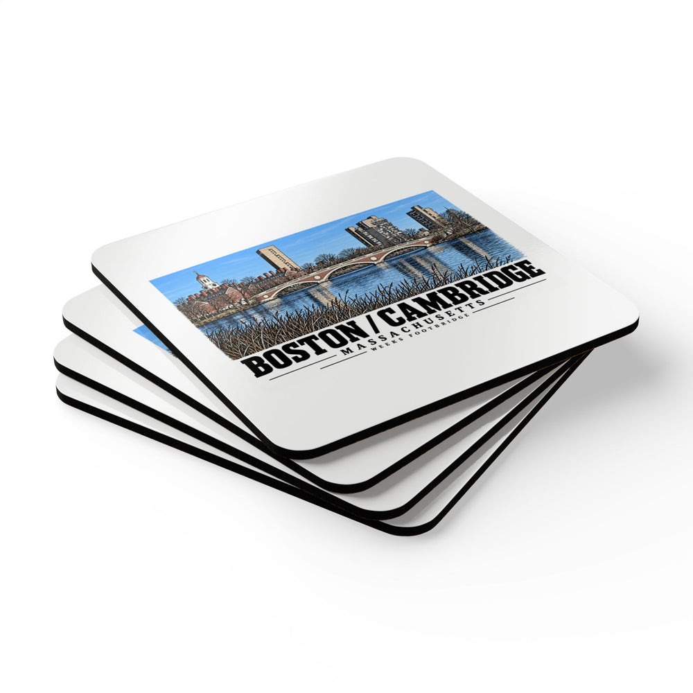Stack of square coasters with Weeks Footbridge stone arches and riverside towers artwork visible on the top coaster